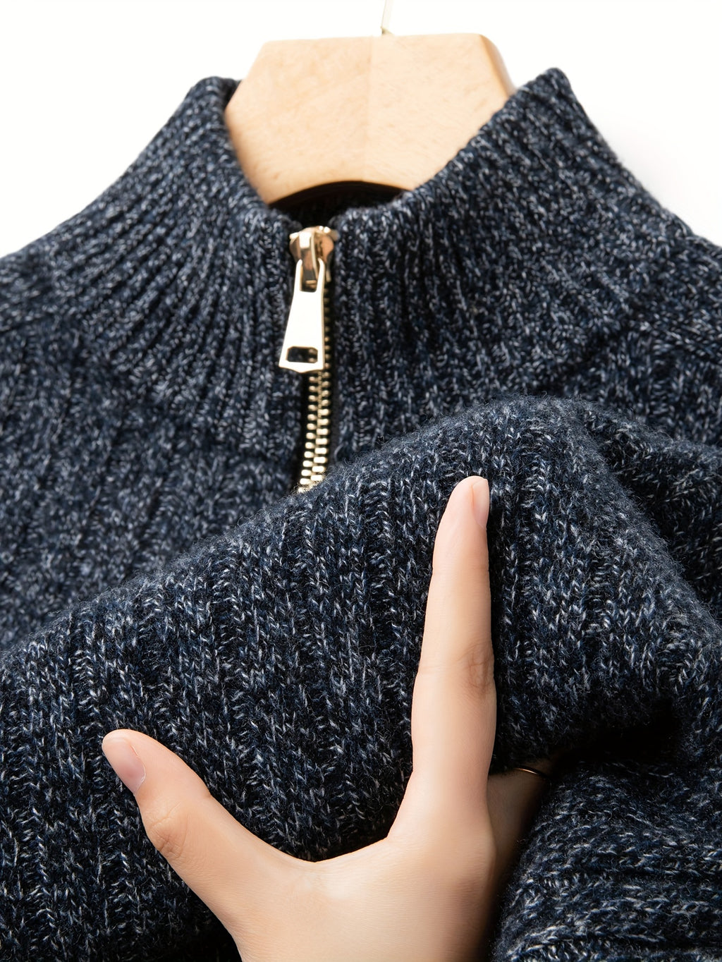 Men's 100% Wool High Neck Pullover Sweater with Zipper Detail - Casual Knit Fabric with Slight Stretch, Solid Color, Long Sleeve, Regular Fit Fall\u002FWinter Knitted Sweater