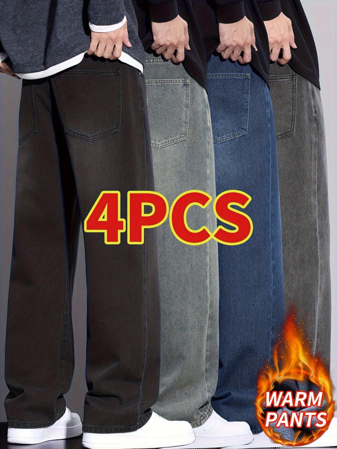 4pcs Winter Fleece Men'S Jeans, Loose Straight Leg Pants, 2025 Autumn\u002Fwinter Collection, Thick And Warm Pants For Men