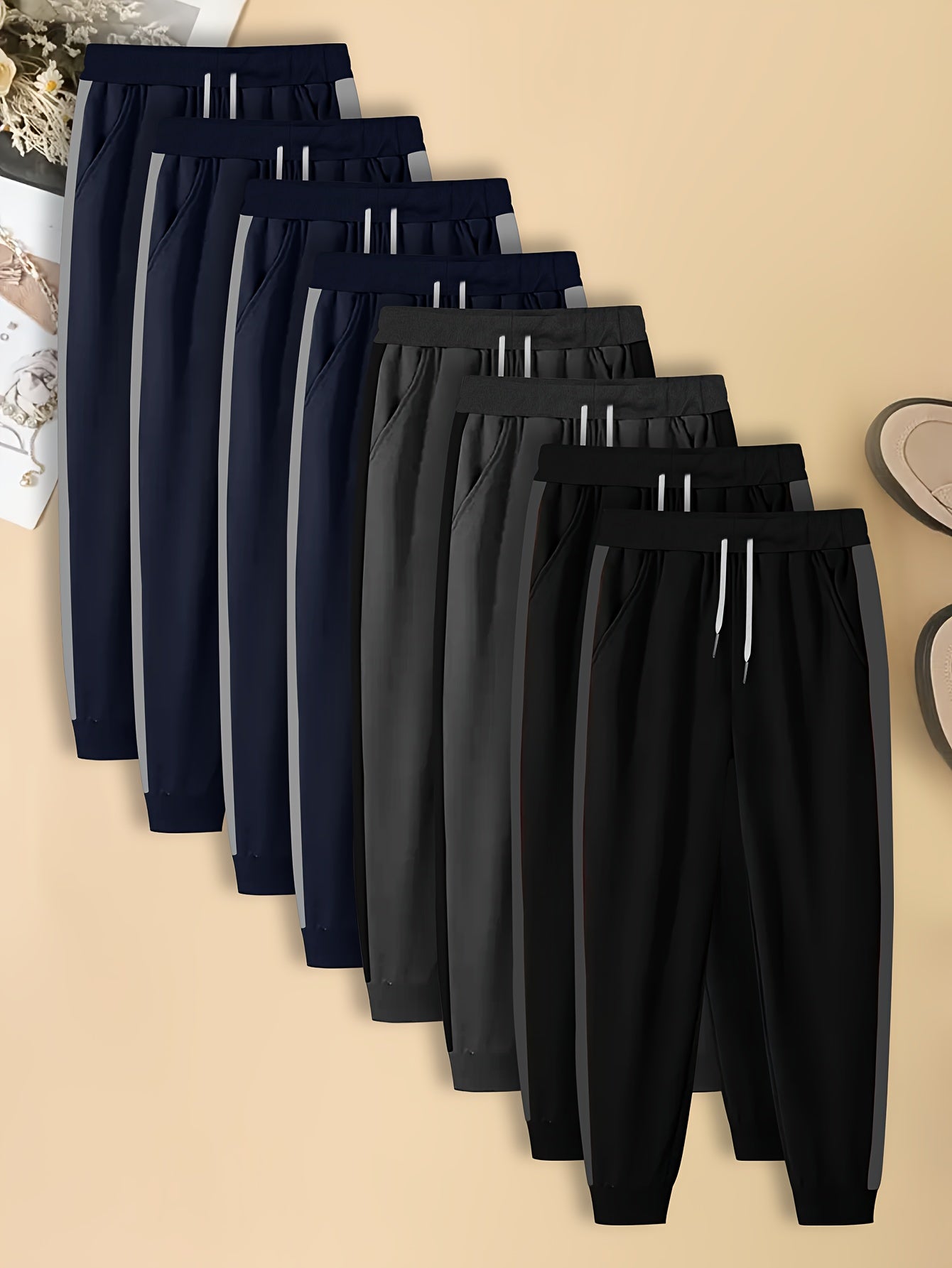 Men's Casual Jogger Pants, Loose-Fit Straight-Leg Trousers with Elastic Waist & Drawstring, Gym Lounge Casual Attire, 8 pcs Set, Multi-Color Options (Black Navy Dark Grey Brown), Machine Washable Bulk Pack