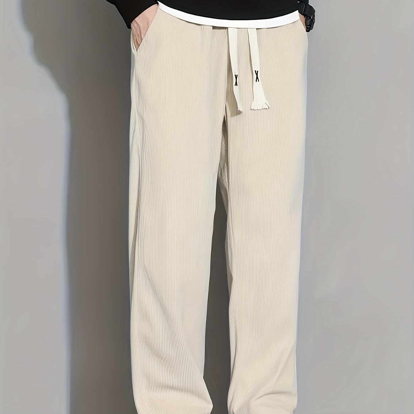 Men'S Heavyweight Corduroy-like Faux Denim Trousers - Thick Warm Winter-Ready Loose-Fit Straight Leg Pants with Elastic Drawstring Waist & Multiple Pockets, Casual to Semi-Formal Wear for Spring\u002FAutumn, Durable Non-Stretch Fabric (Regular Length)