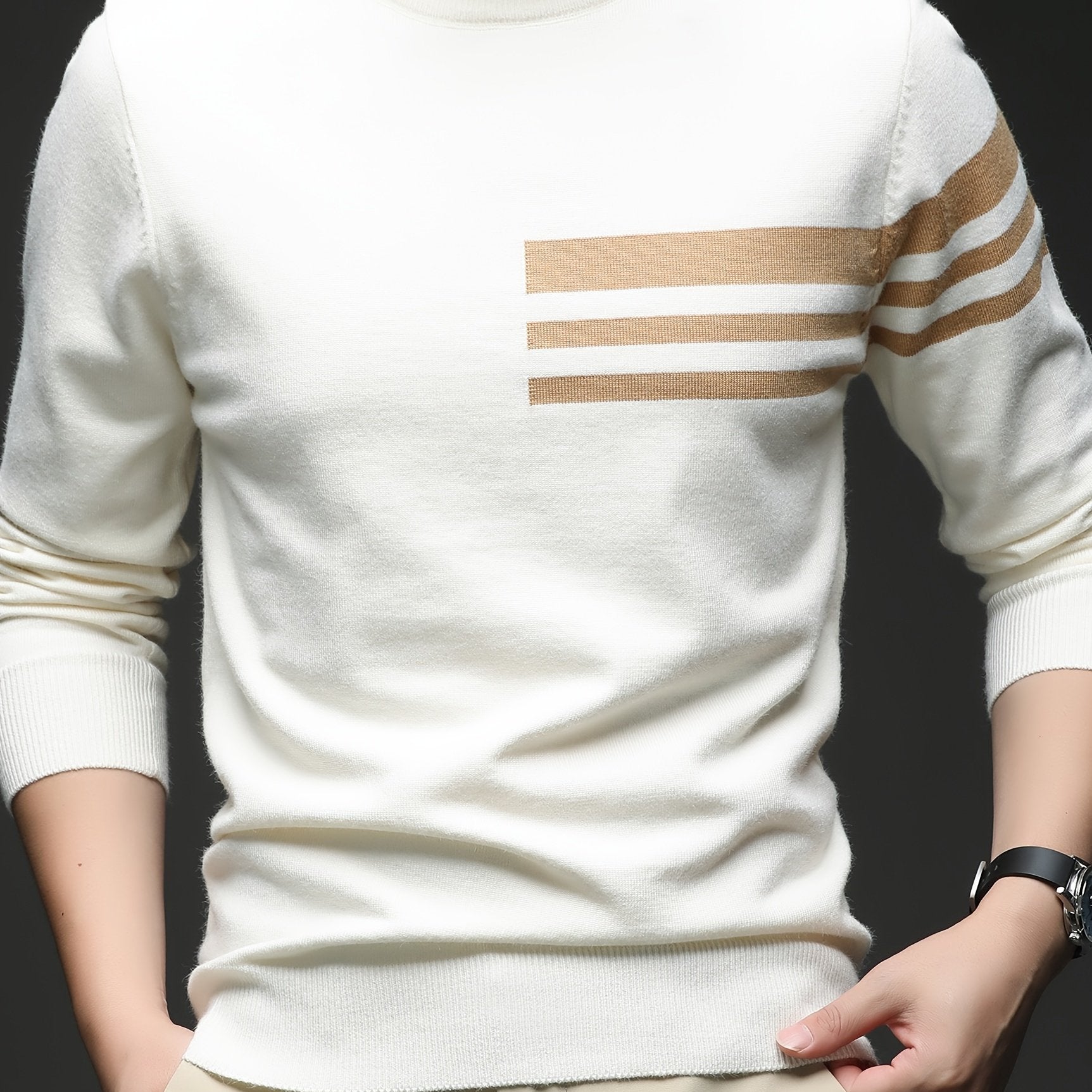 Men's New Round Neck Knit Sweater with Three-Stripe Decoration, Suitable for Autumn and Winter Layering, Fashionable Casual Outing and Dating