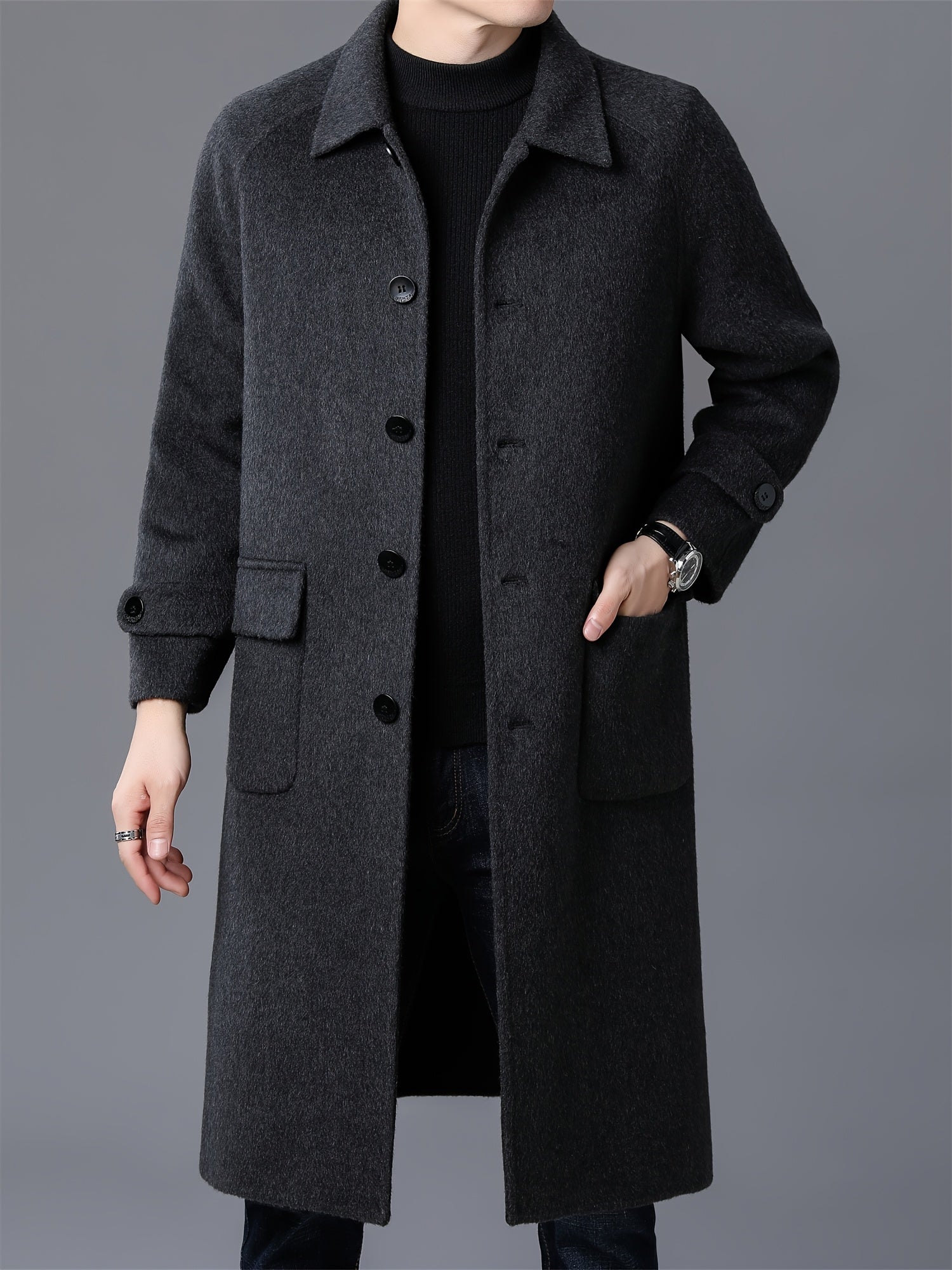 Men's Wool Jacket and Coat, Autumn and Winter Over-the-Knee Double-Breasted Tweed Coat, Single Button Stand Collar, Casual Elegant Style, Perfect Birthday Gift for Men