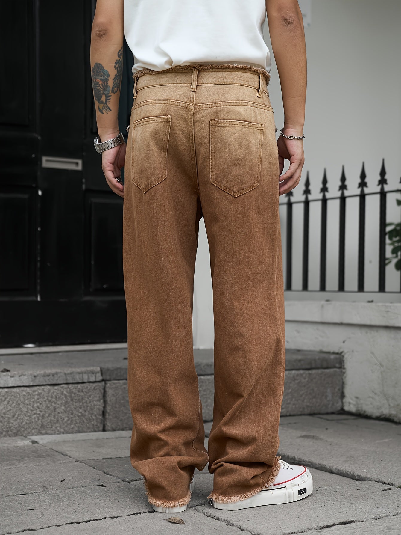 Men'S Vintage Washed Ombre Jeans - Casual Straight-Leg Pants with Frayed Hem, Gradient Brown to White Design, Loose Fit for Everyday & Weekend Wear, Relaxed Fit Jeans, Hiphop Style Pants, Nonstretch Fabric