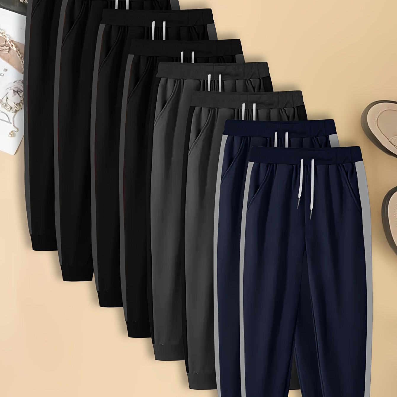 Men's Casual Jogger Pants, Loose-Fit Straight-Leg Trousers with Elastic Waist & Drawstring, Gym Lounge Casual Attire, 8 pcs Set, Multi-Color Options (Black Navy Dark Grey Brown), Machine Washable Bulk Pack