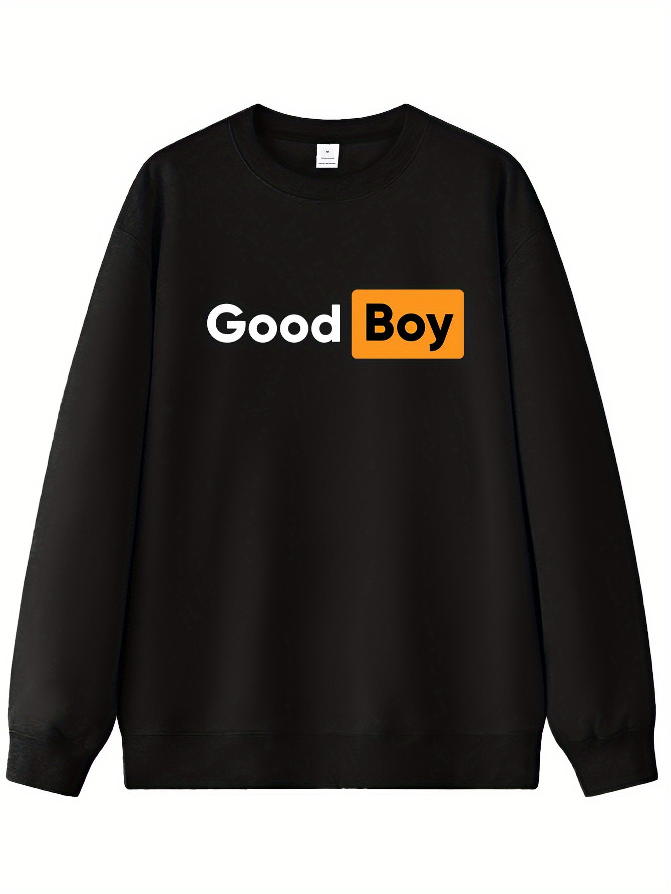 Men's Good Boy Print Sweatshirt - Black with Orange Lettering, Soft Pullover Sweater, Casual Crewneck Sweaters for Daily Wear, Durable & Machine Washable, Year-Round Comfort Fit