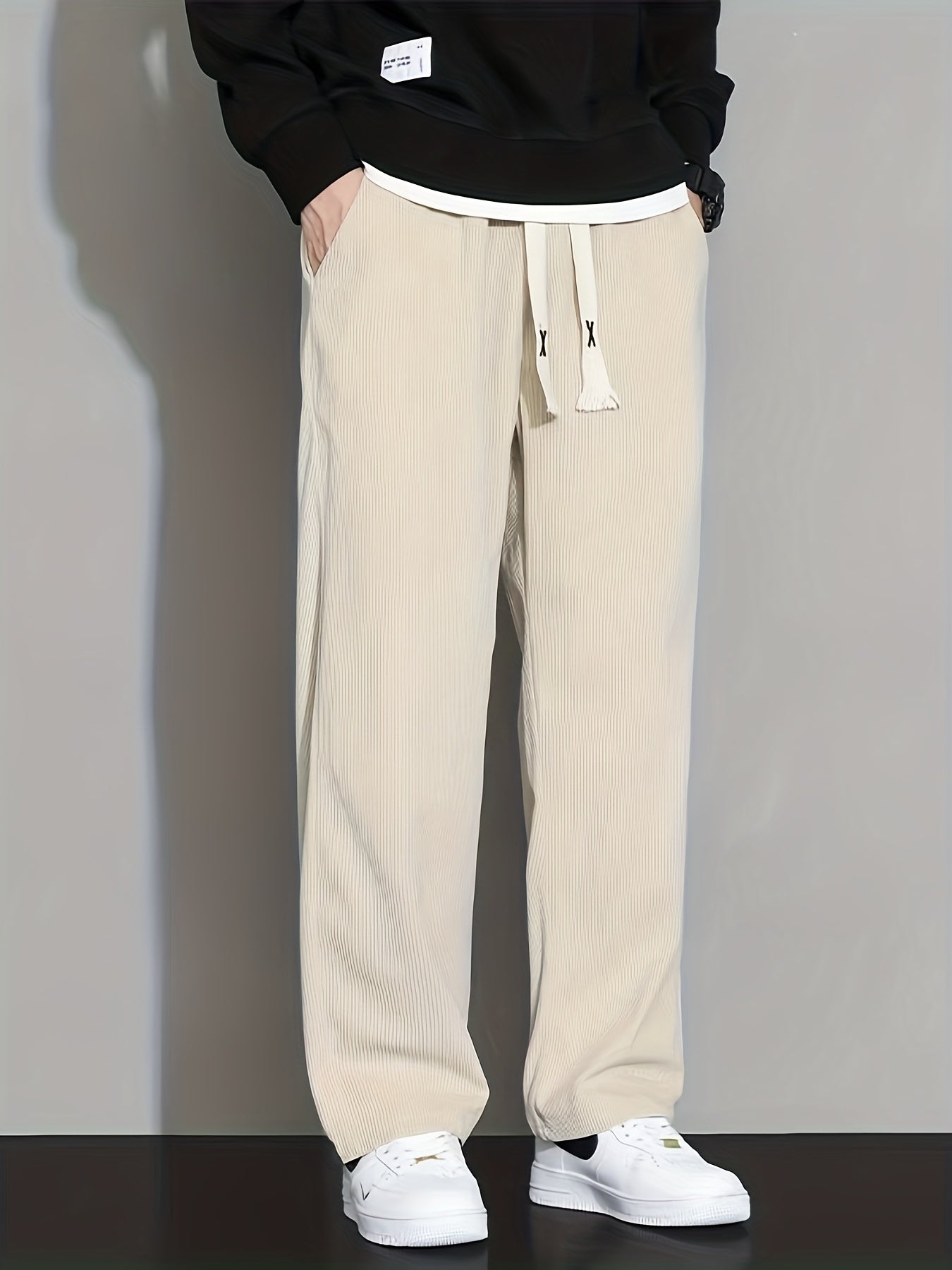 Men'S Heavyweight Corduroy-like Faux Denim Trousers - Thick Warm Winter-Ready Loose-Fit Straight Leg Pants with Elastic Drawstring Waist & Multiple Pockets, Casual to Semi-Formal Wear for Spring\u002FAutumn, Durable Non-Stretch Fabric (Regular Length)