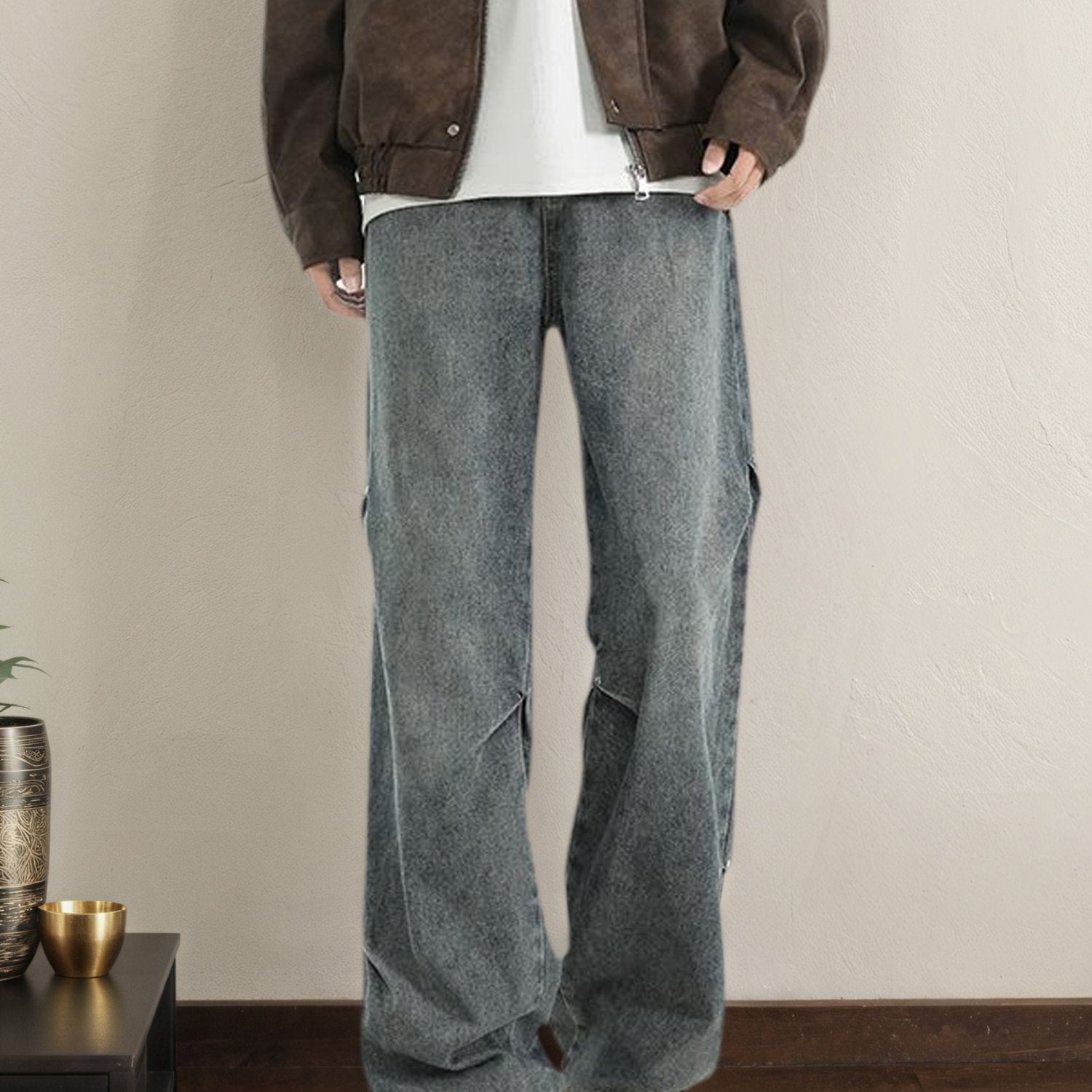 Men's -Lined Wide-Leg Workwear Jeans with Rivet & Wrinkle- - Vintage Distressed Straight-Leg Pants for High-Street Style, Winter (Machine Washable) | Solid Color Casual Outfit for Tall Users