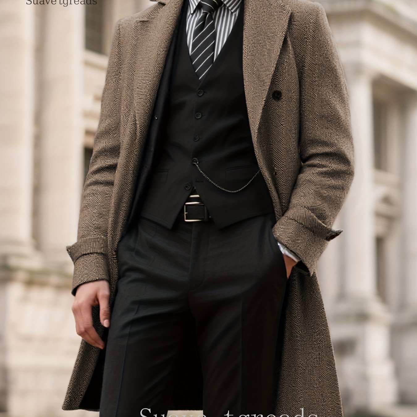 Men's Double-Breasted Full-Length Coat - Classic Collar & Tailored Loose-Fit Long Jacket, Luxury Brown\u002FBlack\u002FBeige Striped Suit Outerwear (Dry Clean Only) for Formal & Professional Events - -Like Maintenance