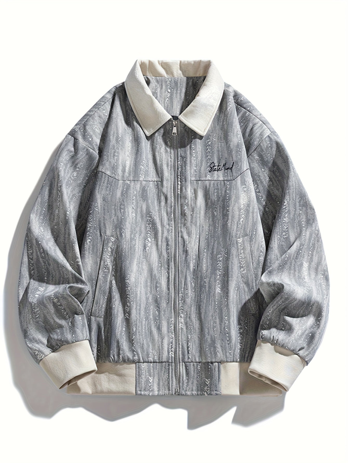 Men's Vintage Industrial Jacket - Grey\White\Beige\Black, Imitation Denim Look with Zipper Closure, Buttoned collar - Machine Washable Non-Stretch Fabric for Everyday & Formal Outfits - Casual Coat for Teens & Adults