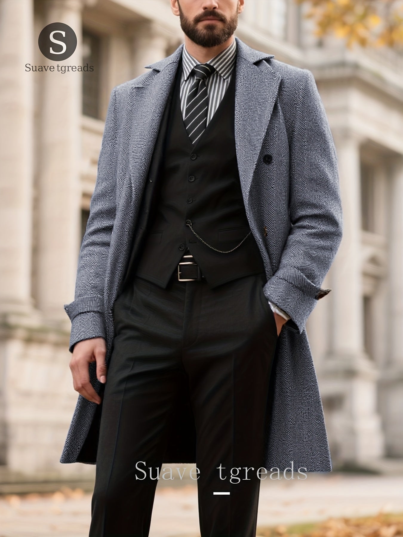 Men's Double-Breasted Full-Length Coat - Classic Collar & Tailored Loose-Fit Long Jacket, Luxury Brown\u002FBlack\u002FBeige Striped Suit Outerwear (Dry Clean Only) for Formal & Professional Events - -Like Maintenance