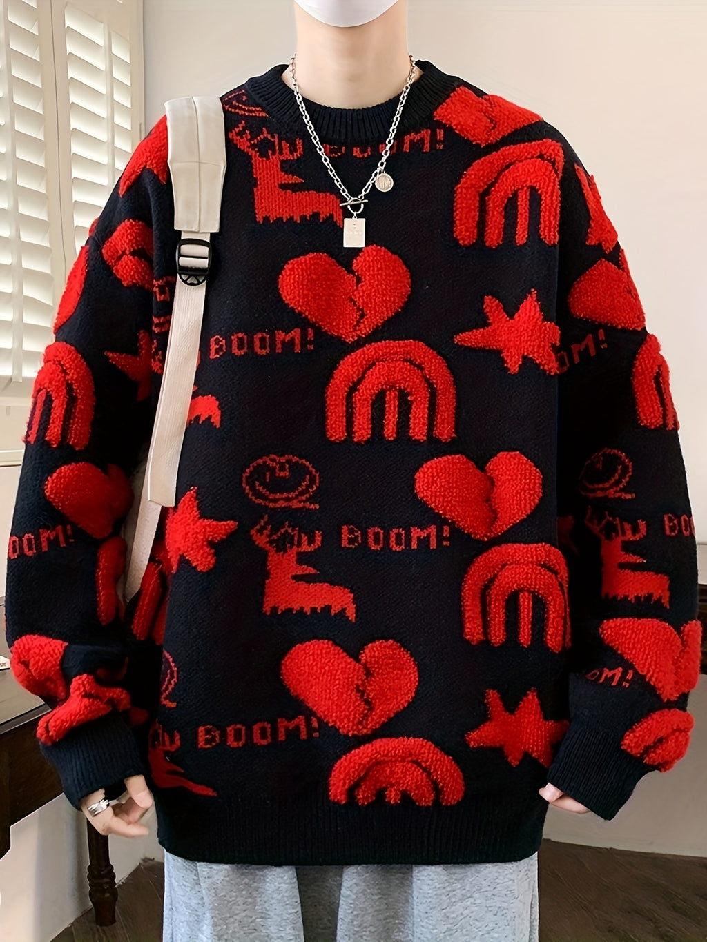 Genghis Men's Casual Winter Sweater - Thick Warm Black & Red Floral Print with Hearts, Stars & BOOM! Text, Loose Fit Round Neck, High Elasticity Machine-Washable for Autumn\u002FWinter, Cozy Sweater, Trendy Outfit, Nontransparent Material