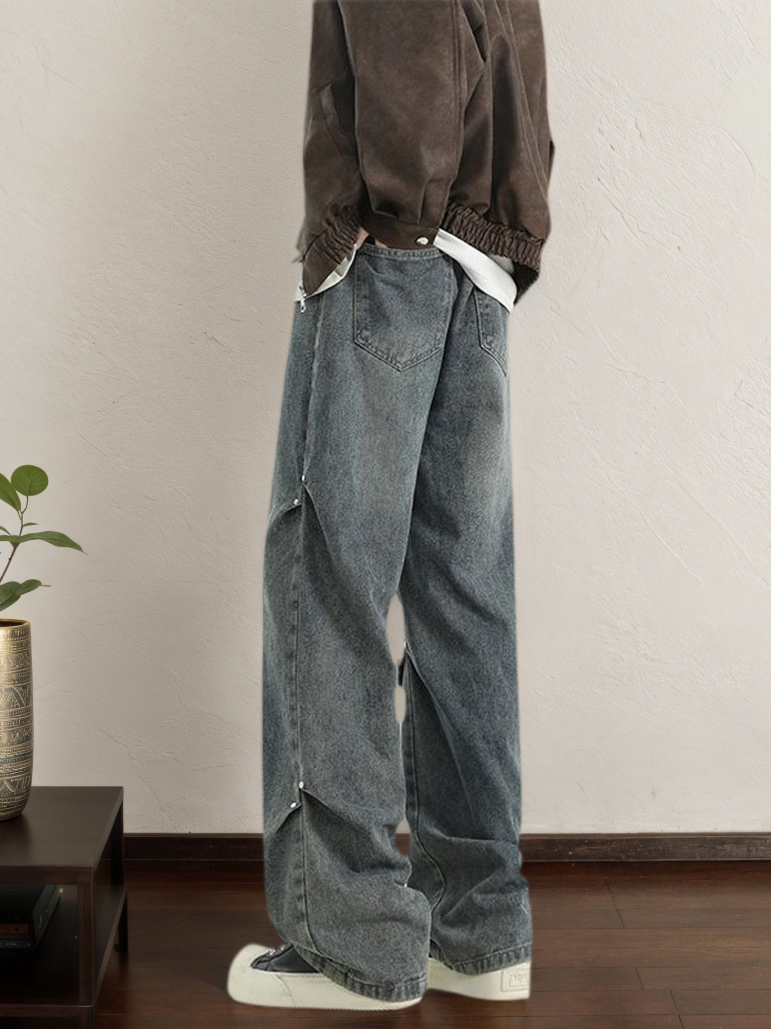 Men's -Lined Wide-Leg Workwear Jeans with Rivet & Wrinkle- - Vintage Distressed Straight-Leg Pants for High-Street Style, Winter (Machine Washable) | Solid Color Casual Outfit for Tall Users