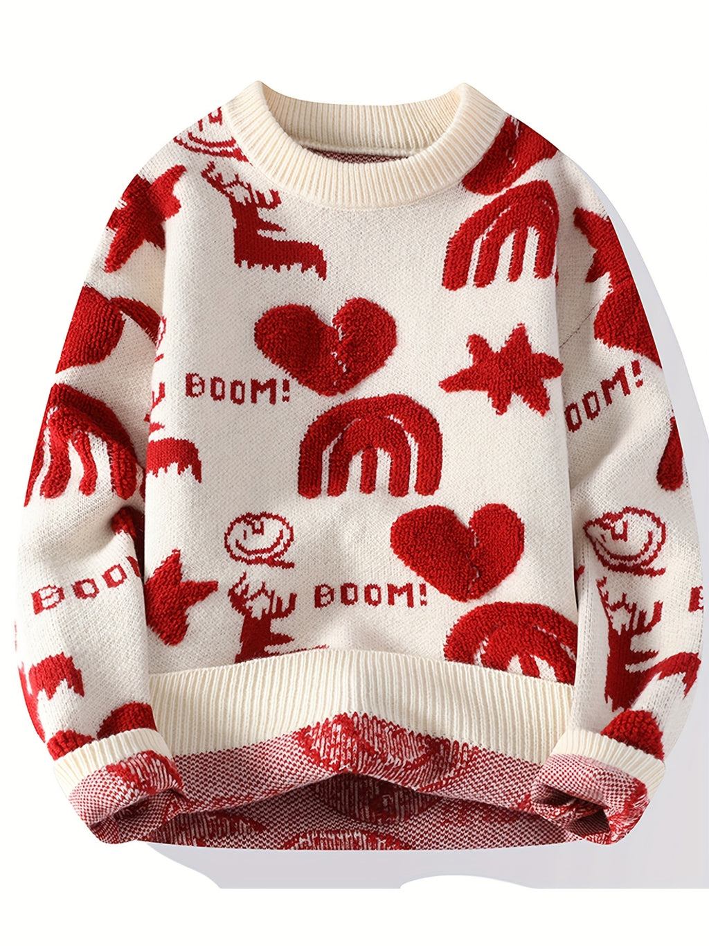 Genghis Men's Casual Winter Sweater - Thick Warm Black & Red Floral Print with Hearts, Stars & BOOM! Text, Loose Fit Round Neck, High Elasticity Machine-Washable for Autumn\u002FWinter, Cozy Sweater, Trendy Outfit, Nontransparent Material