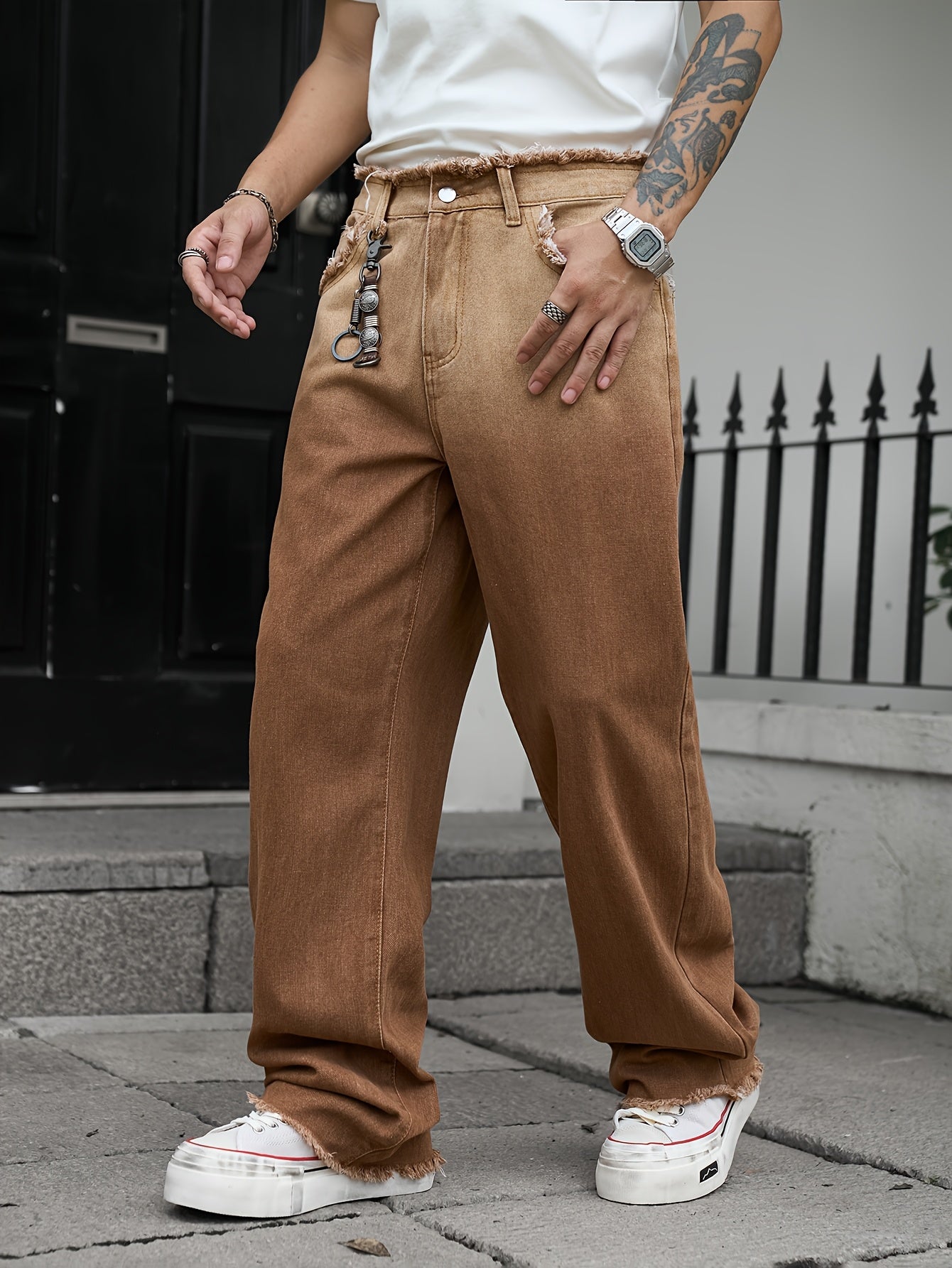 Men'S Vintage Washed Ombre Jeans - Casual Straight-Leg Pants with Frayed Hem, Gradient Brown to White Design, Loose Fit for Everyday & Weekend Wear, Relaxed Fit Jeans, Hiphop Style Pants, Nonstretch Fabric