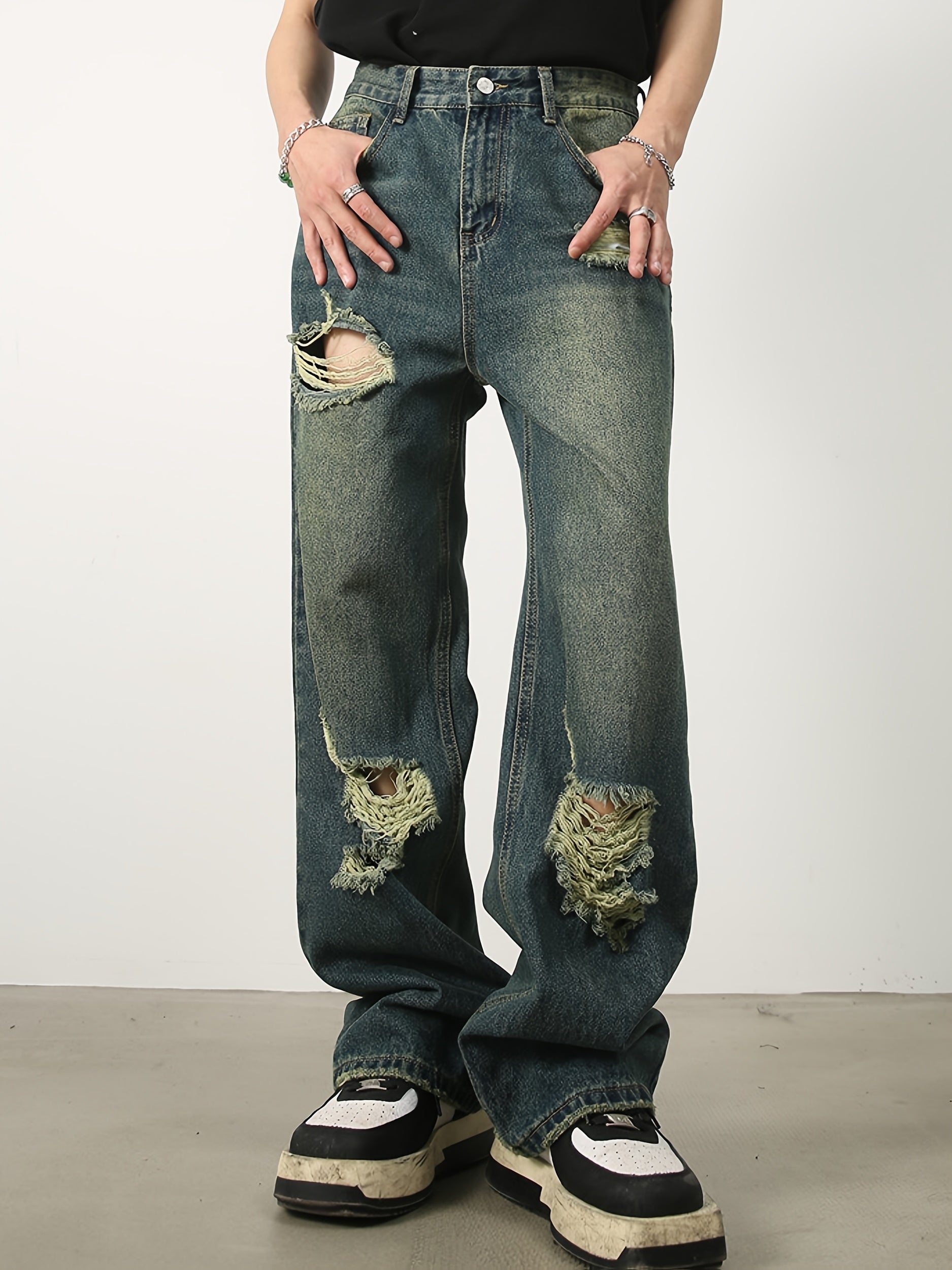 Men'S Fashion Design Sense Hole Straight Jeans Sanded Wide Leg Loose Casual Pants Walking Cycling Pants.