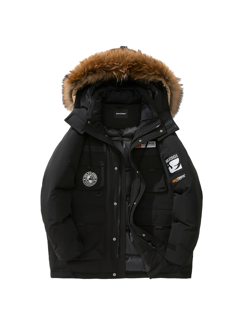 Men'S Casual Hooded Down Jacket, Polyester Shell with 90% White Duck Down Filling, Loose Fit, Non-Stretch Woven Fabric, with Detachable Fleece Lining, Multiple Pockets, Zippered Placket, Alphabet Pattern, for Daily Wear, Thick