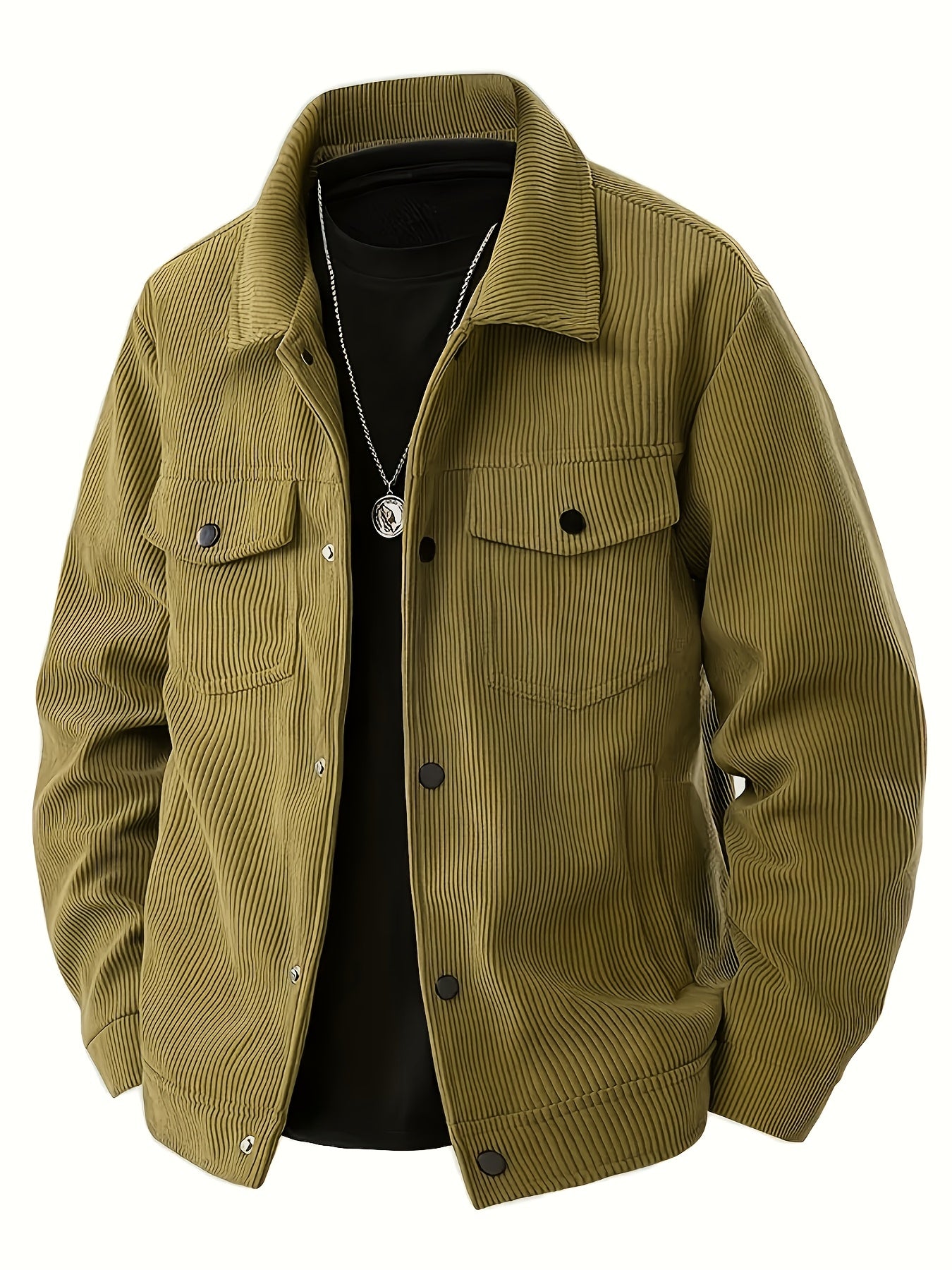 Men'S Olive Green Corduroy Jacket - Elegant Lapel Collar Button-Front Closure, All-Season Formal & Casual Outerwear, Structured Fit for Office, Parties
