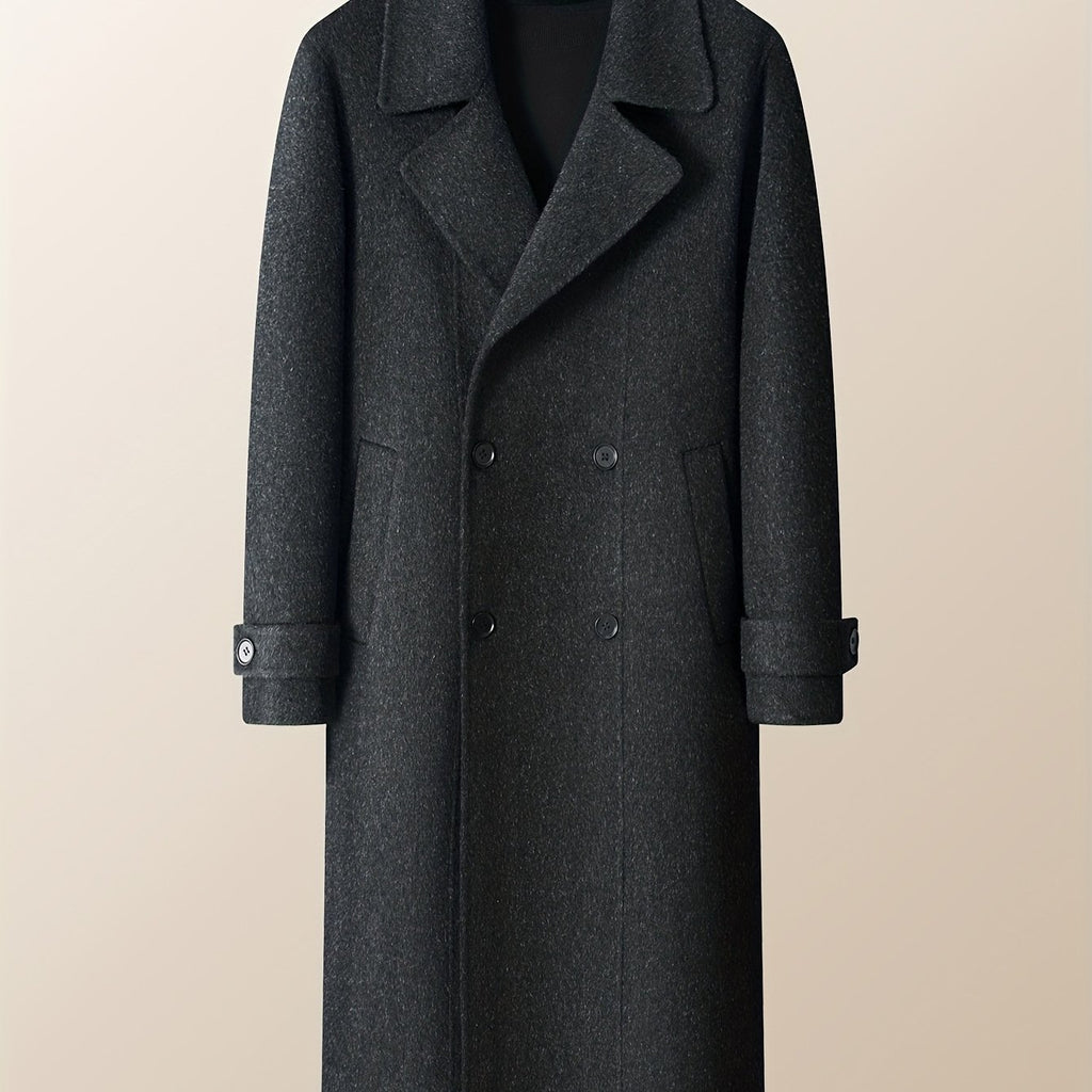 Men's Heavyweight 100% Wool Double-Breasted Coat - Winter Warm Collar & Notch Jacket, Full-Length Black Suit Outerwear for Formal\u002FCasual Events, Parties, Weddings (Dry Clean Only)