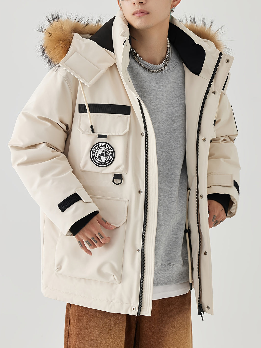 Men'S Casual Hooded Down Jacket, Polyester Shell with 90% White Duck Down Filling, Loose Fit, Non-Stretch Woven Fabric, with Detachable Fleece Lining, Multiple Pockets, Zippered Placket, Alphabet Pattern, for Daily Wear, Thick