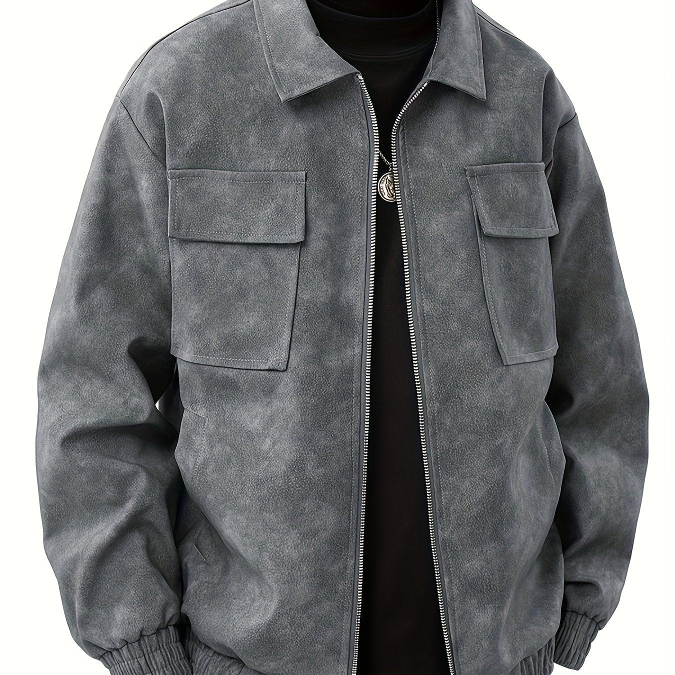 Men'S Large Size Windproof Faux Leather Bomber Jacket - Full-Zip Casual Coat with Stand Collar, Zippered Pockets & Lining, Brown\u002F Color Block Design, Golden-Tone Hardware - Spring\u002FFall Outerwear for Everyday & Semi-Formal Wear (Regular Fit