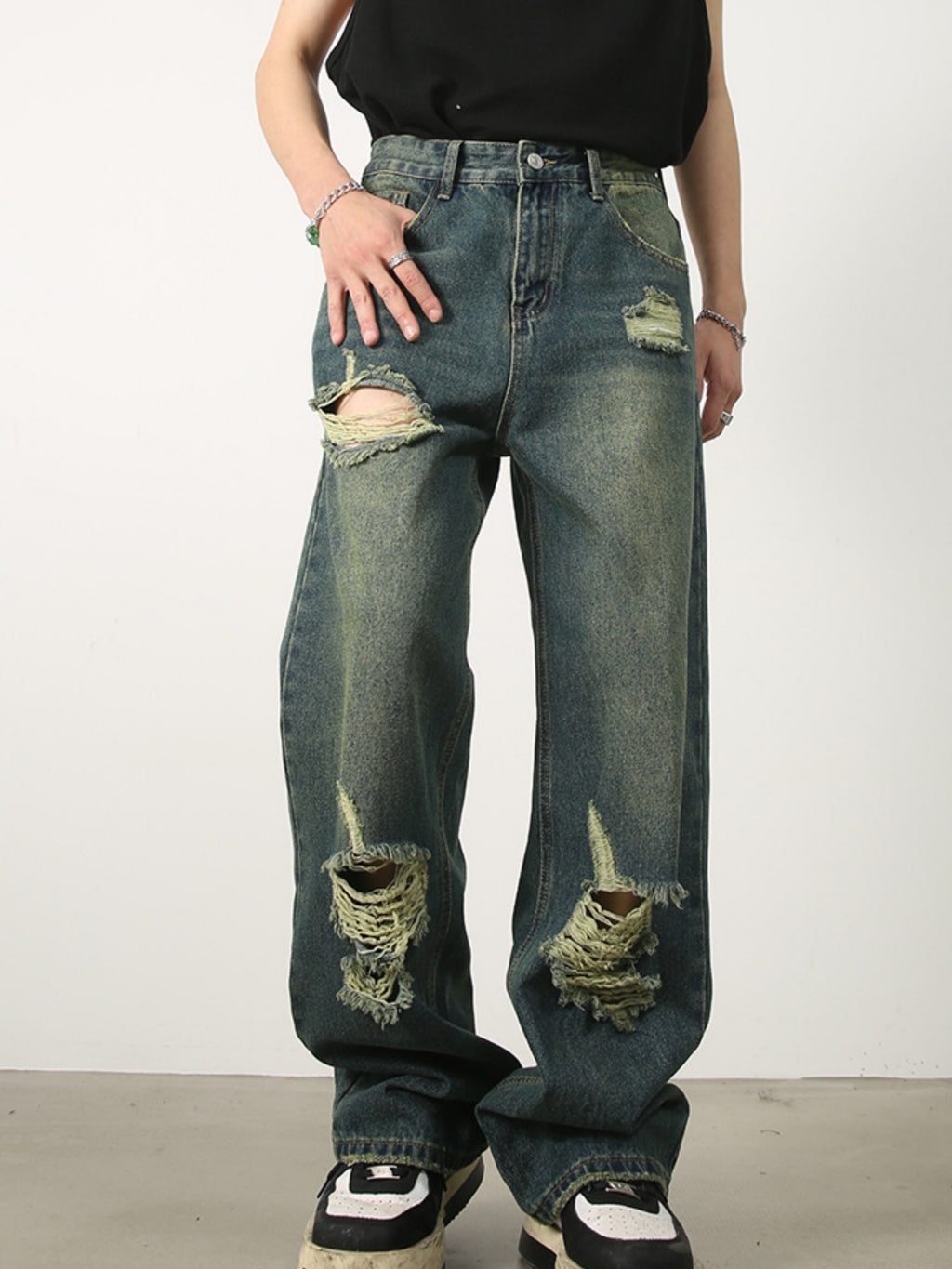 Men's Denim New Design Sense Street Dance Hip-hop Skateboard Hole Straight Leg Jeans Frosted Wide Leg Loose Casual Denim Pants