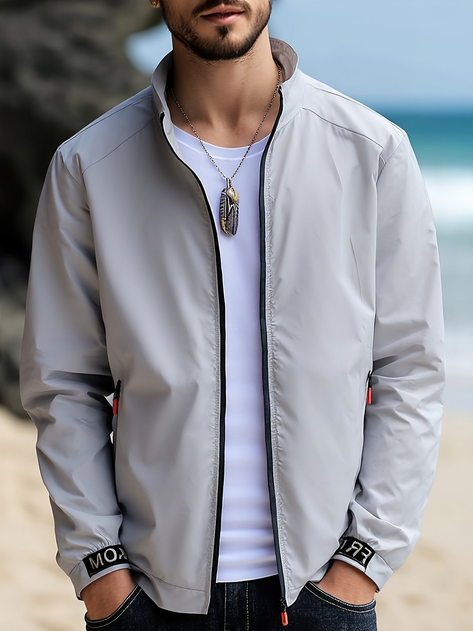 Men'S Lightweight Windbreaker Jacket - Softshell Zip-Up Coat with Stand Collar, Lightweight Windproof Outerwear for Gym, Fishing, Travel - Quick-Dry Athletic Jacket in Light Grey\Black - Spring\Fall\FSummer Casual Outerwear