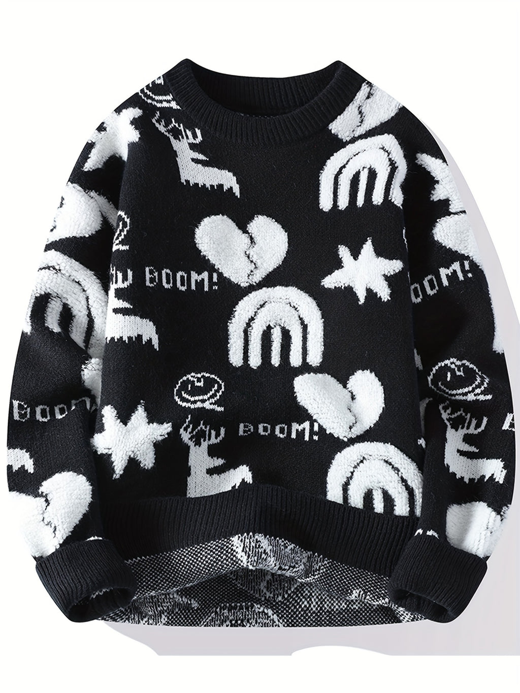 Genghis Men's Casual Winter Sweater - Thick Warm Black & Red Floral Print with Hearts, Stars & BOOM! Text, Loose Fit Round Neck, High Elasticity Machine-Washable for Autumn\u002FWinter, Cozy Sweater, Trendy Outfit, Nontransparent Material