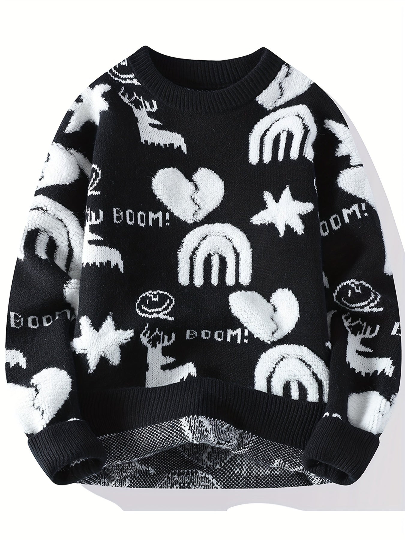 Genghis Men's Casual Winter Sweater - Thick Warm Black & Red Floral Print with Hearts, Stars & BOOM! Text, Loose Fit Round Neck, High Elasticity Machine-Washable for Autumn\u002FWinter, Cozy Sweater, Trendy Outfit, Nontransparent Material