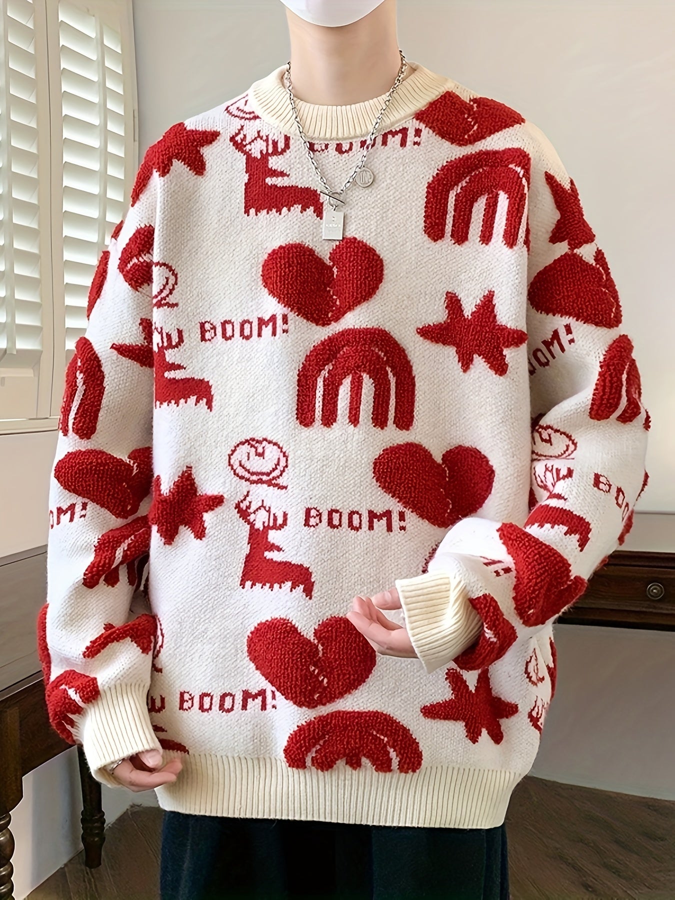 Genghis Men's Casual Winter Sweater - Thick Warm Black & Red Floral Print with Hearts, Stars & BOOM! Text, Loose Fit Round Neck, High Elasticity Machine-Washable for Autumn\u002FWinter, Cozy Sweater, Trendy Outfit, Nontransparent Material