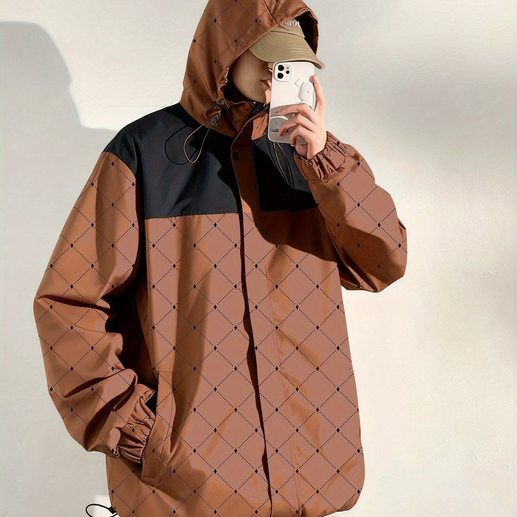 Men'S 2025 Retro Full-Zip Hooded Jacket - Heavyweight Warm Windproof Coat with Full-Zip Closure, Striped Pattern & Full-Zip Front, & Insulating Lining, Full-Zip Hooded Sweatshirt for Hiking, Outdoor, Casual Winter Wear - Brown\u002FTan - Ideal for Gym