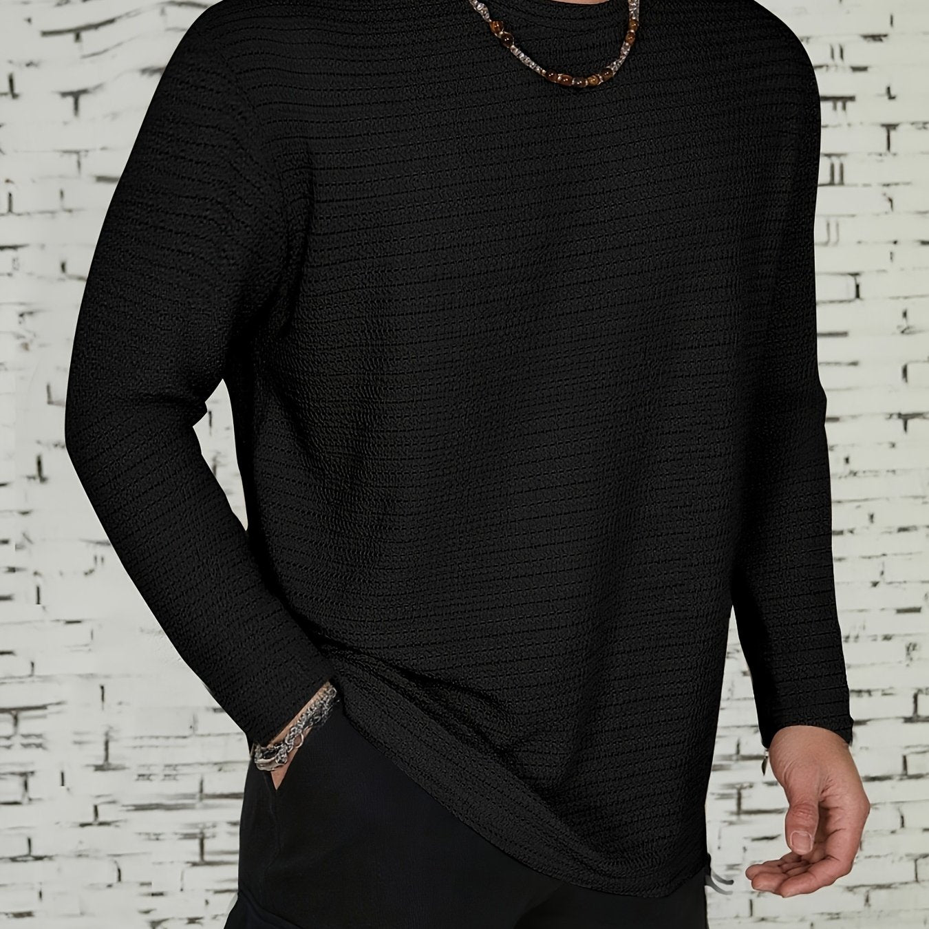 Men's Long-Sleeve T-Shirt - Solid Color Round Neck Casual Shirt, Breathable & Light Beige-Friendly, Spring\Autumn Layering Essential, Versatile for Dress Codes (Office to Smart-Casual), Machine Washable Regular Fit in Neutral Tones