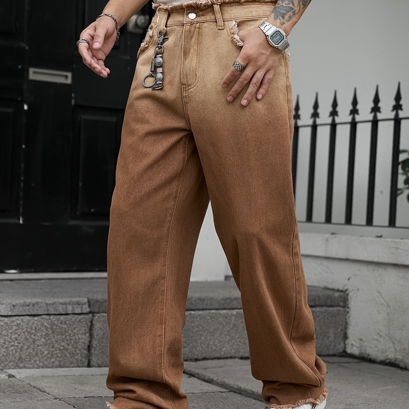 Men'S Vintage Washed Ombre Jeans - Casual Straight-Leg Pants with Frayed Hem, Gradient Brown to White Design, Loose Fit for Everyday & Weekend Wear, Relaxed Fit Jeans, Hiphop Style Pants, Nonstretch Fabric