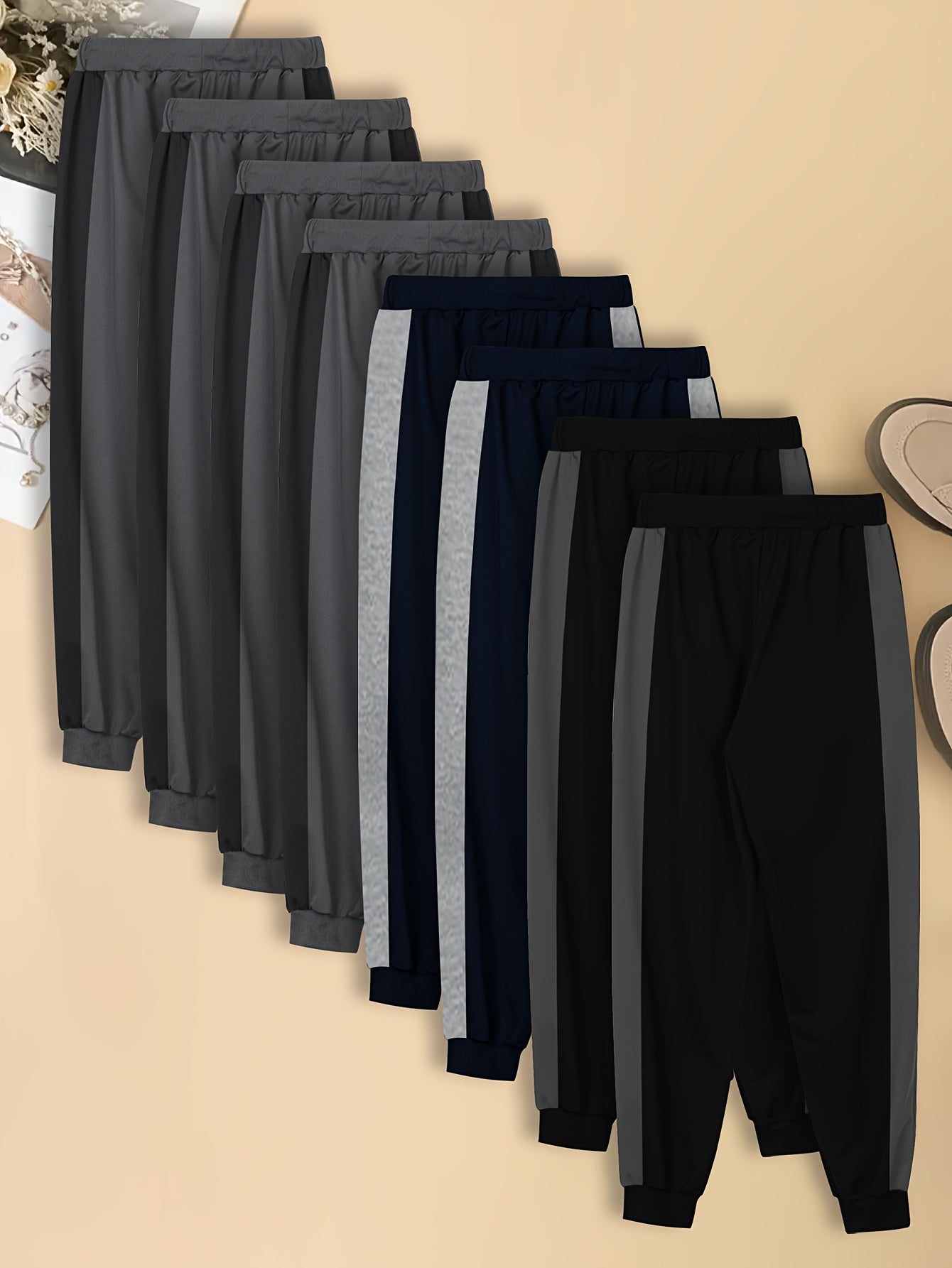 Men's Casual Jogger Pants, Loose-Fit Straight-Leg Trousers with Elastic Waist & Drawstring, Gym Lounge Casual Attire, 8 pcs Set, Multi-Color Options (Black Navy Dark Grey Brown), Machine Washable Bulk Pack