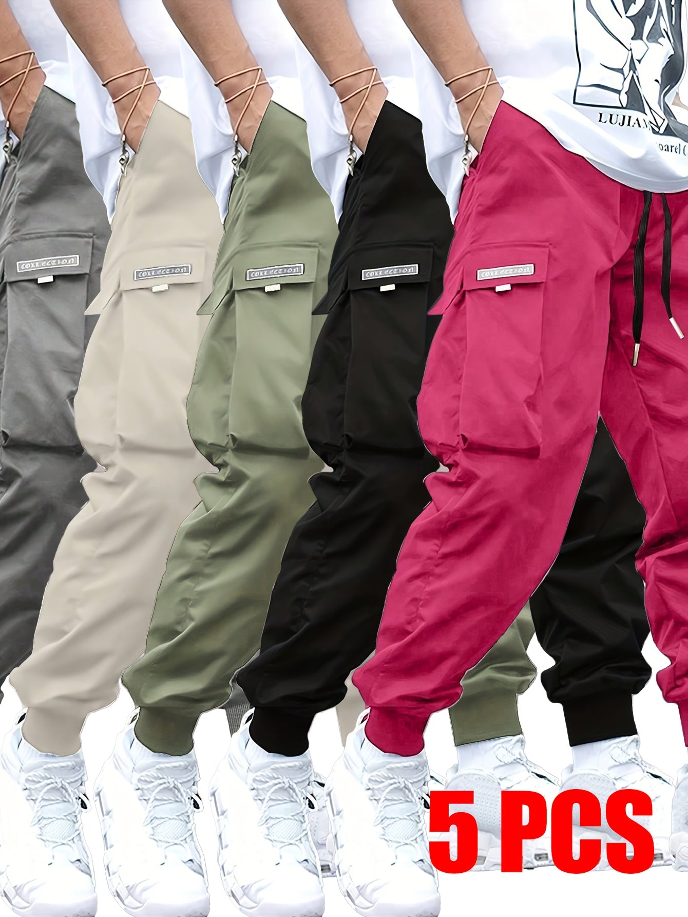 5-Pack Men's Cargo Pants with Elastic Drawstring Waist & Multiple Pockets - Durable Non-Stretch Fabric, Regular Fit All-Season Casual Outdoor Work Pants in 5 Colors (Beige\u002FGray\u002FBrown\u002FBlack\u002FNavy)