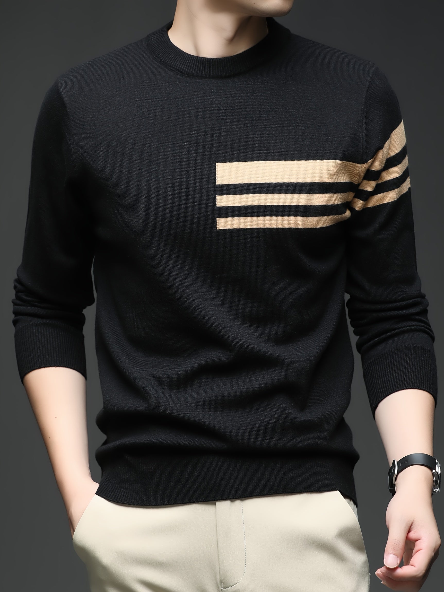 Men's New Round Neck Knit Sweater with Three-Stripe Decoration, Suitable for Autumn and Winter Layering, Fashionable Casual Outing and Dating