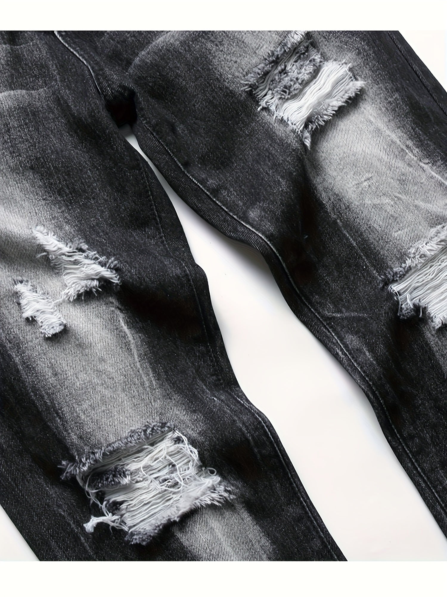 3pcs Men'S Slim-Fit Ripped Faux Denim - Stretch Faux Denim Street Style, Dark Blue, All-Season Comfort, Mid-Rise with Zipper Fly, Regular Fit for Casual Attire, Comfortable Fashion, Trendy Streetwear, Durable Fabric