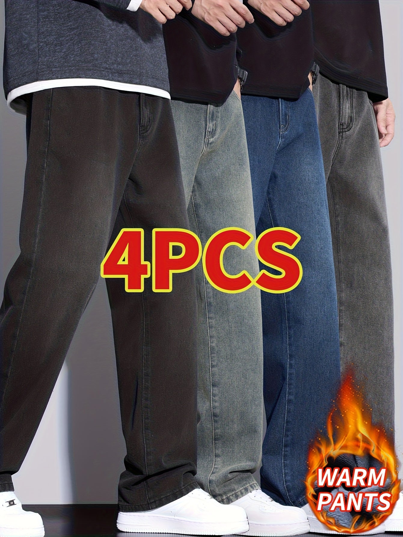 4pcs Winter Fleece Men'S Jeans, Loose Straight Leg Pants, 2025 Autumn\u002Fwinter Collection, Thick And Warm Pants For Men