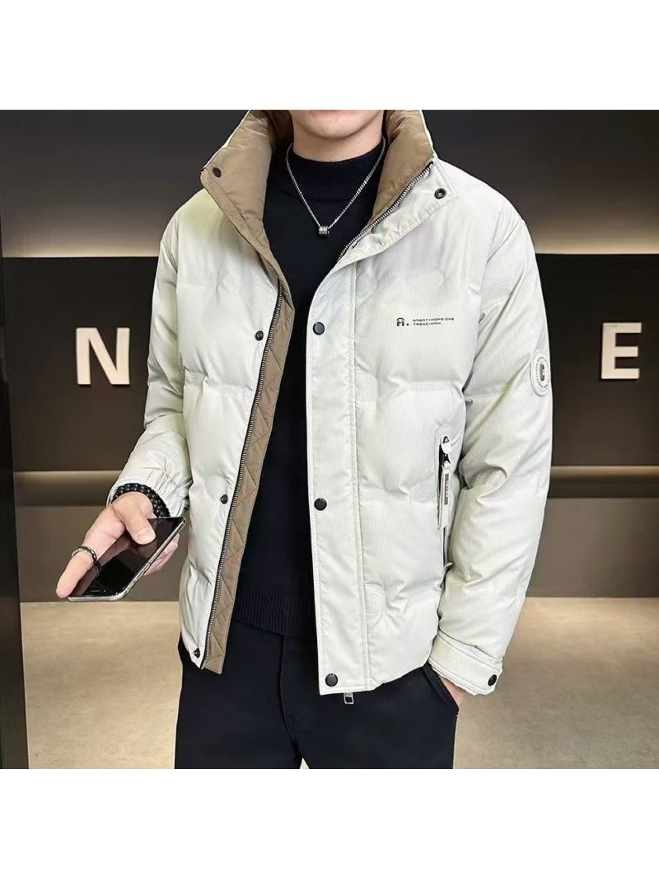 Men's Winter Duck Down Jacket - Short-Length Cold-Weather Coat with Stand Collar & Zipper Closure, Korean Style Luxury Outerwear, Hand Washable (Solid Color for urban Commute to Resorts)