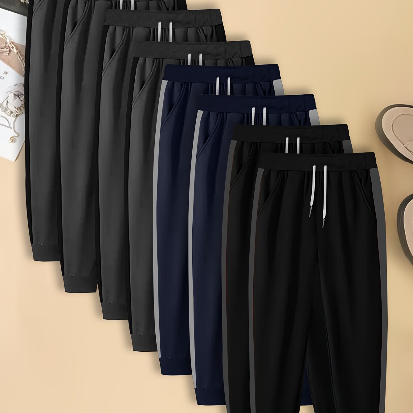 Men's Casual Jogger Pants, Loose-Fit Straight-Leg Trousers with Elastic Waist & Drawstring, Gym Lounge Casual Attire, 8 pcs Set, Multi-Color Options (Black Navy Dark Grey Brown), Machine Washable Bulk Pack