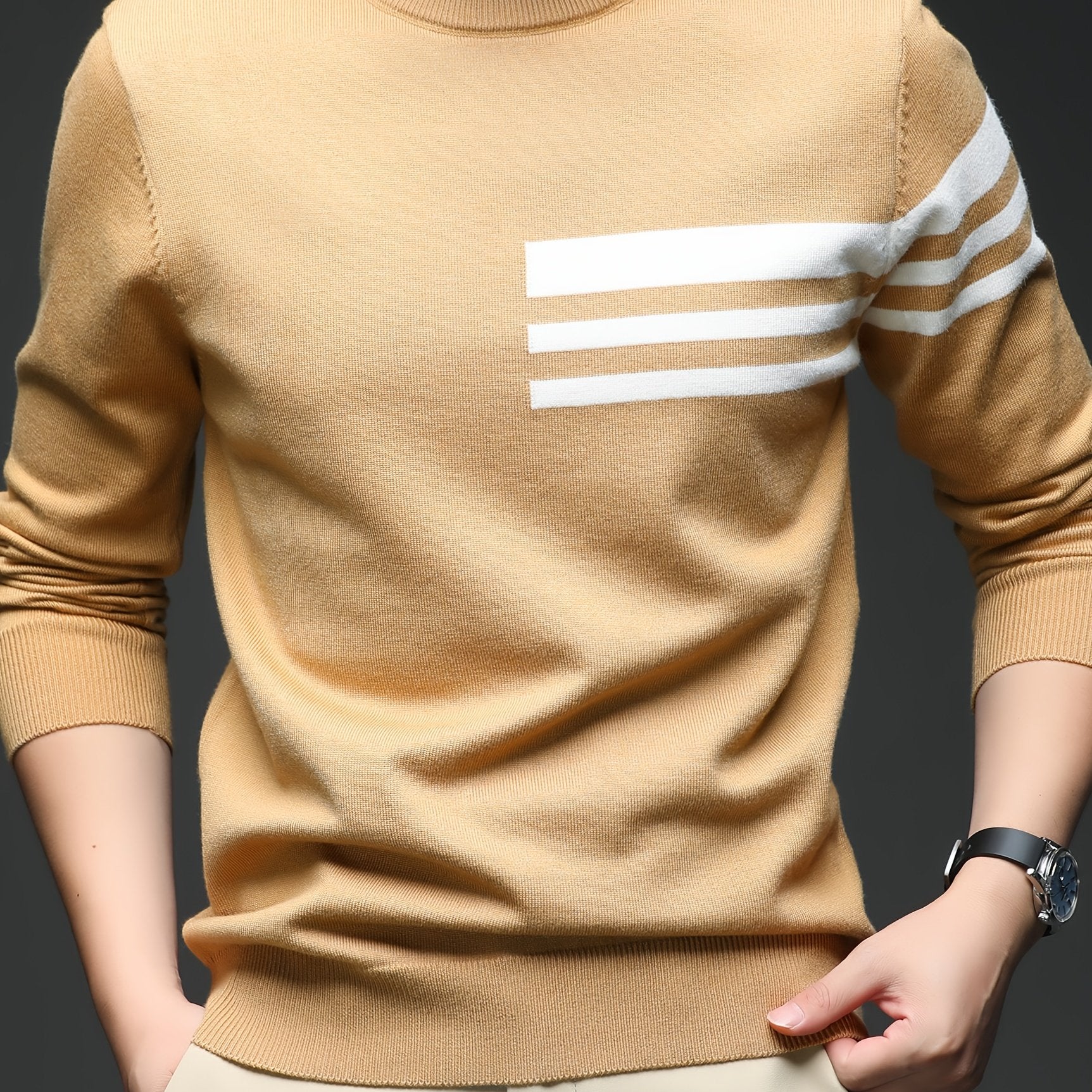 Men's New Round Neck Knit Sweater with Three-Stripe Decoration, Suitable for Autumn and Winter Layering, Fashionable Casual Outing and Dating