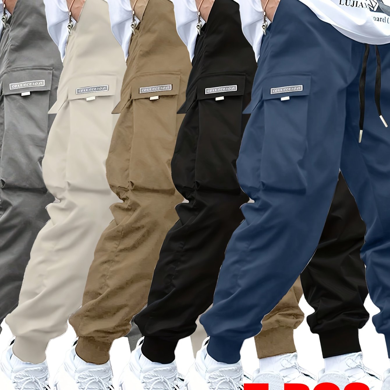 5-Pack Men's Cargo Pants with Elastic Drawstring Waist & Multiple Pockets - Durable Non-Stretch Fabric, Regular Fit All-Season Casual Outdoor Work Pants in 5 Colors (Beige\u002FGray\u002FBrown\u002FBlack\u002FNavy)