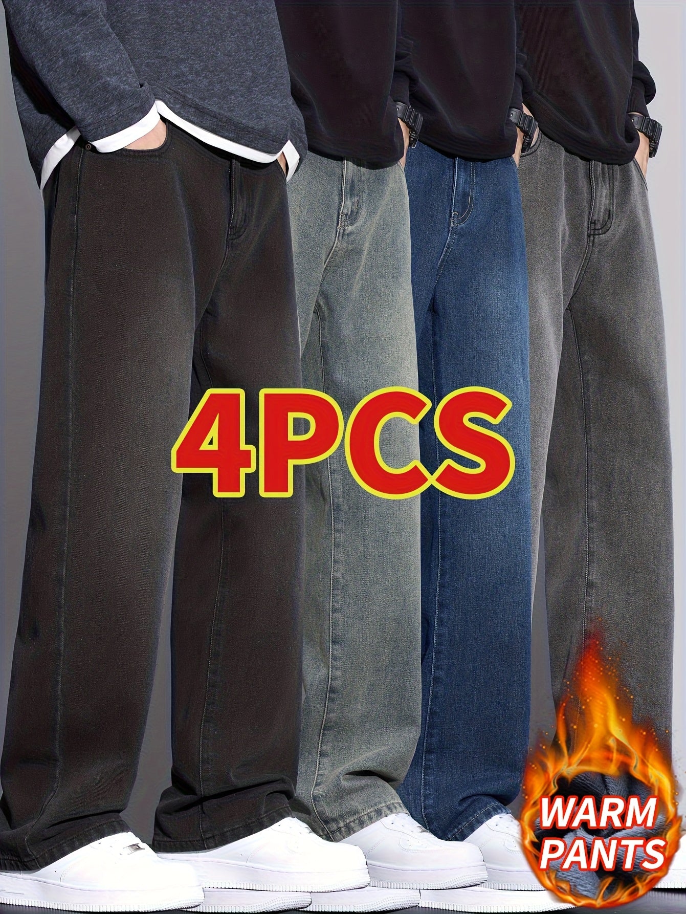 4pcs Winter Fleece Men'S Jeans, Loose Straight Leg Pants, 2025 Autumn\u002Fwinter Collection, Thick And Warm Pants For Men