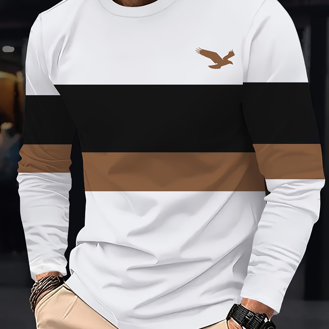 Men'S Long Sleeve T-Shirt with Eagle Logo - White & Brown Striped Design, Regular Fit, All-Season Comfort, Casual Style, Comfortable Clothing | Logo Tshirt | Stretchable Fabric