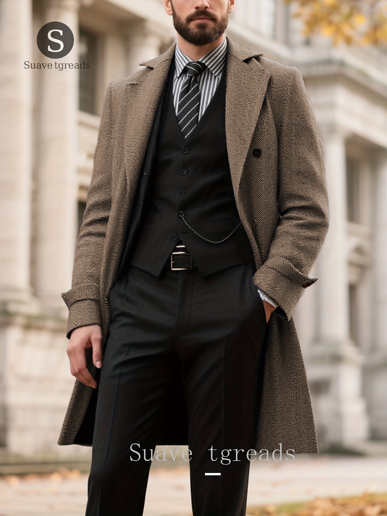 Men's Double-Breasted Full-Length Coat - Classic Collar & Tailored Loose-Fit Long Jacket, Luxury Brown\u002FBlack\u002FBeige Striped Suit Outerwear (Dry Clean Only) for Formal & Professional Events - -Like Maintenance