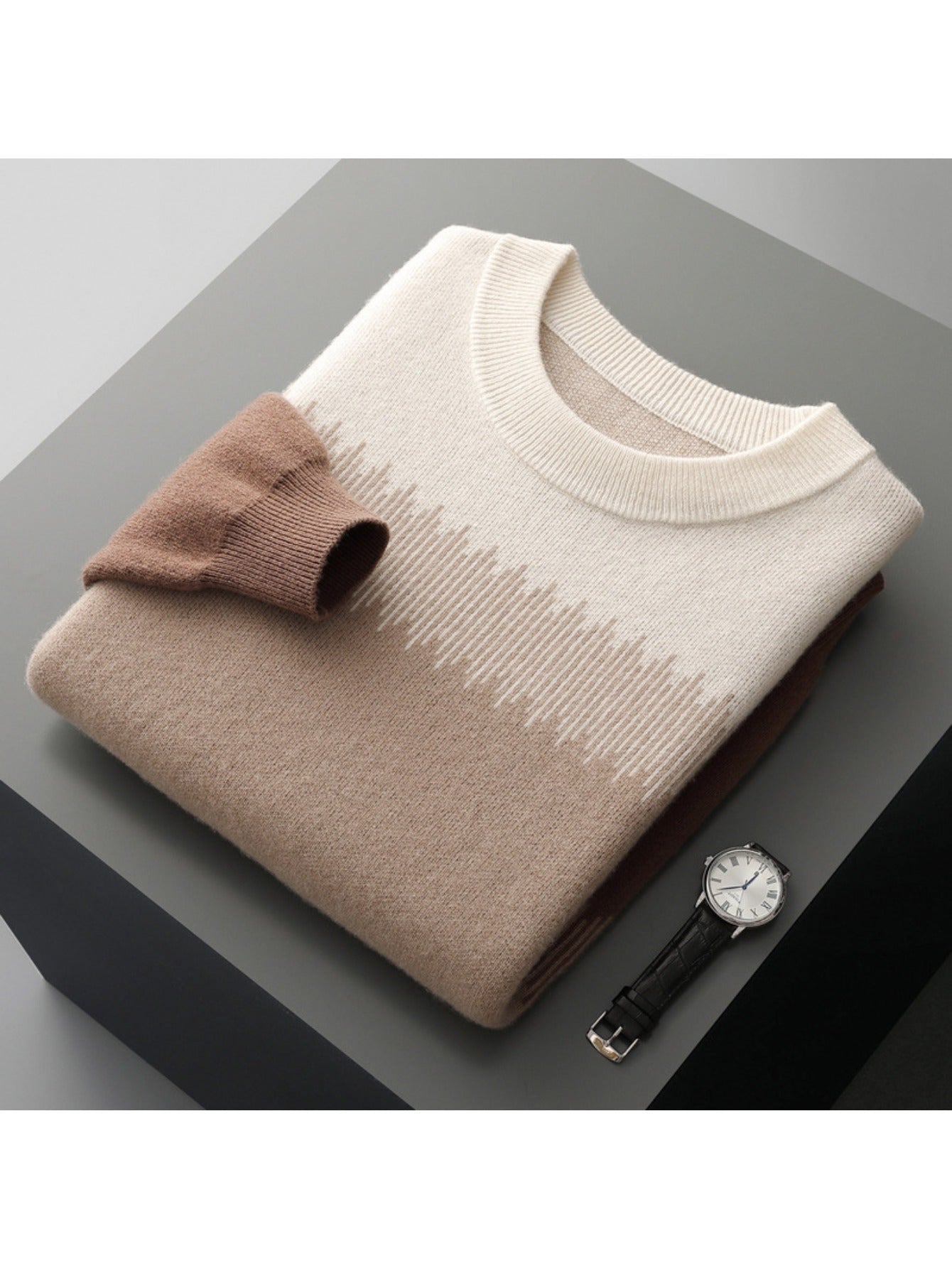 Mens 100% Wool 90s Crewneck Sweater Thickened Color Block Knit Top Premium Business Casual Thermal Comfort Christmas Gift