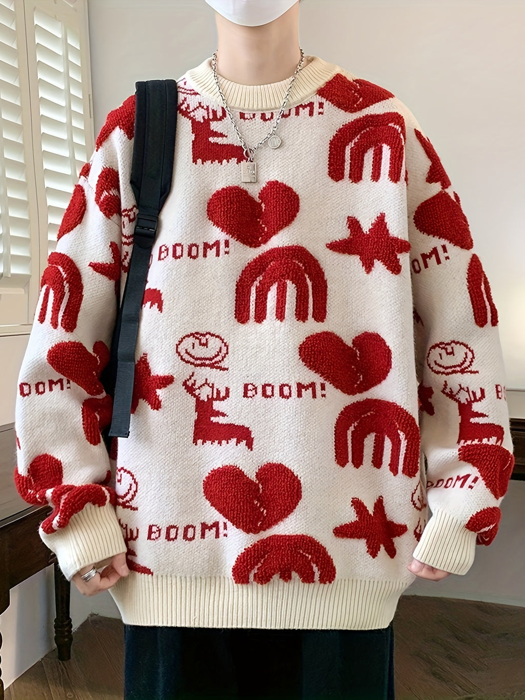 Genghis Men's Casual Winter Sweater - Thick Warm Black & Red Floral Print with Hearts, Stars & BOOM! Text, Loose Fit Round Neck, High Elasticity Machine-Washable for Autumn\u002FWinter, Cozy Sweater, Trendy Outfit, Nontransparent Material