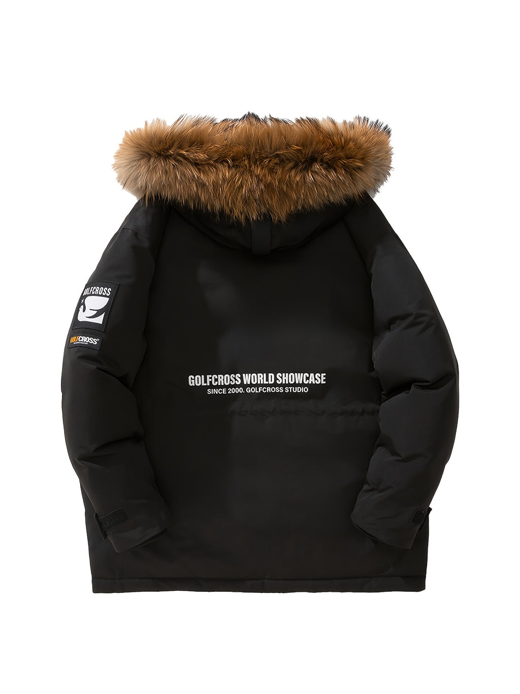 Men'S Casual Hooded Down Jacket, Polyester Shell with 90% White Duck Down Filling, Loose Fit, Non-Stretch Woven Fabric, with Detachable Fleece Lining, Multiple Pockets, Zippered Placket, Alphabet Pattern, for Daily Wear, Thick