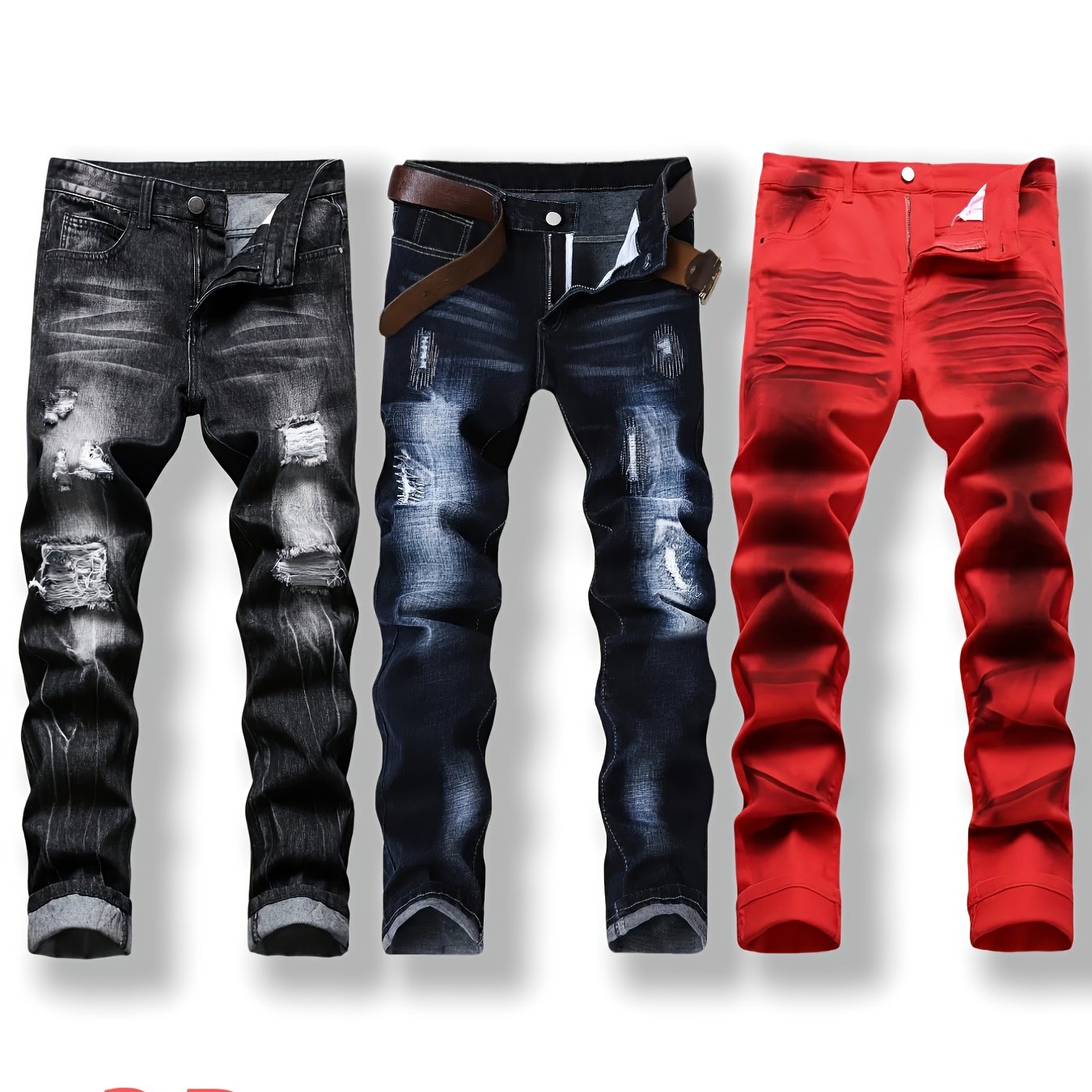 3pcs Men'S Slim-Fit Ripped Faux Denim - Stretch Faux Denim Street Style, Dark Blue, All-Season Comfort, Mid-Rise with Zipper Fly, Regular Fit for Casual Attire, Comfortable Fashion, Trendy Streetwear, Durable Fabric