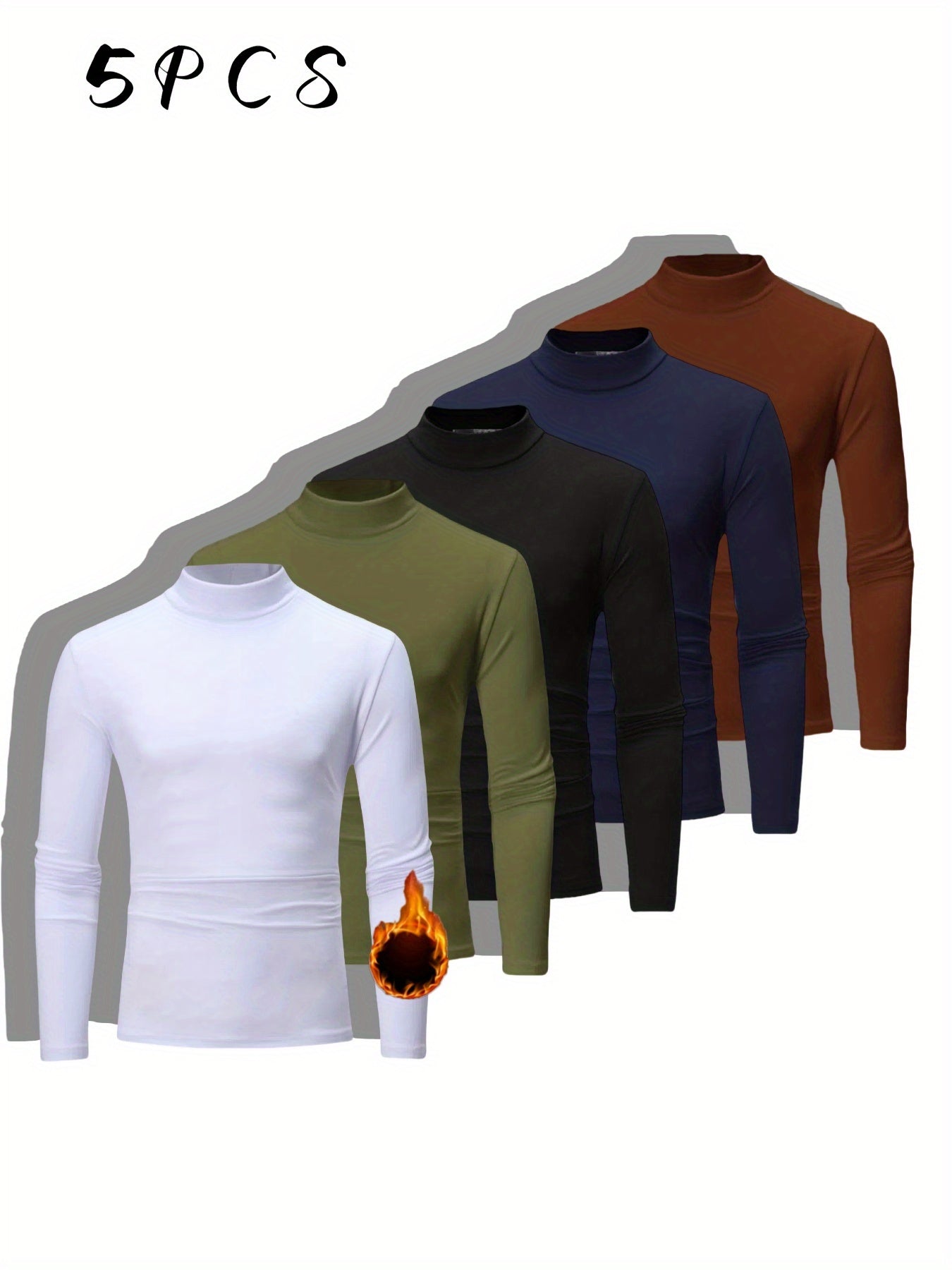 Men's 5pcs set of imitation high-collared shirt warm underwear - slim fit long sleeves, elastic fabric, suitable for autumn and winter