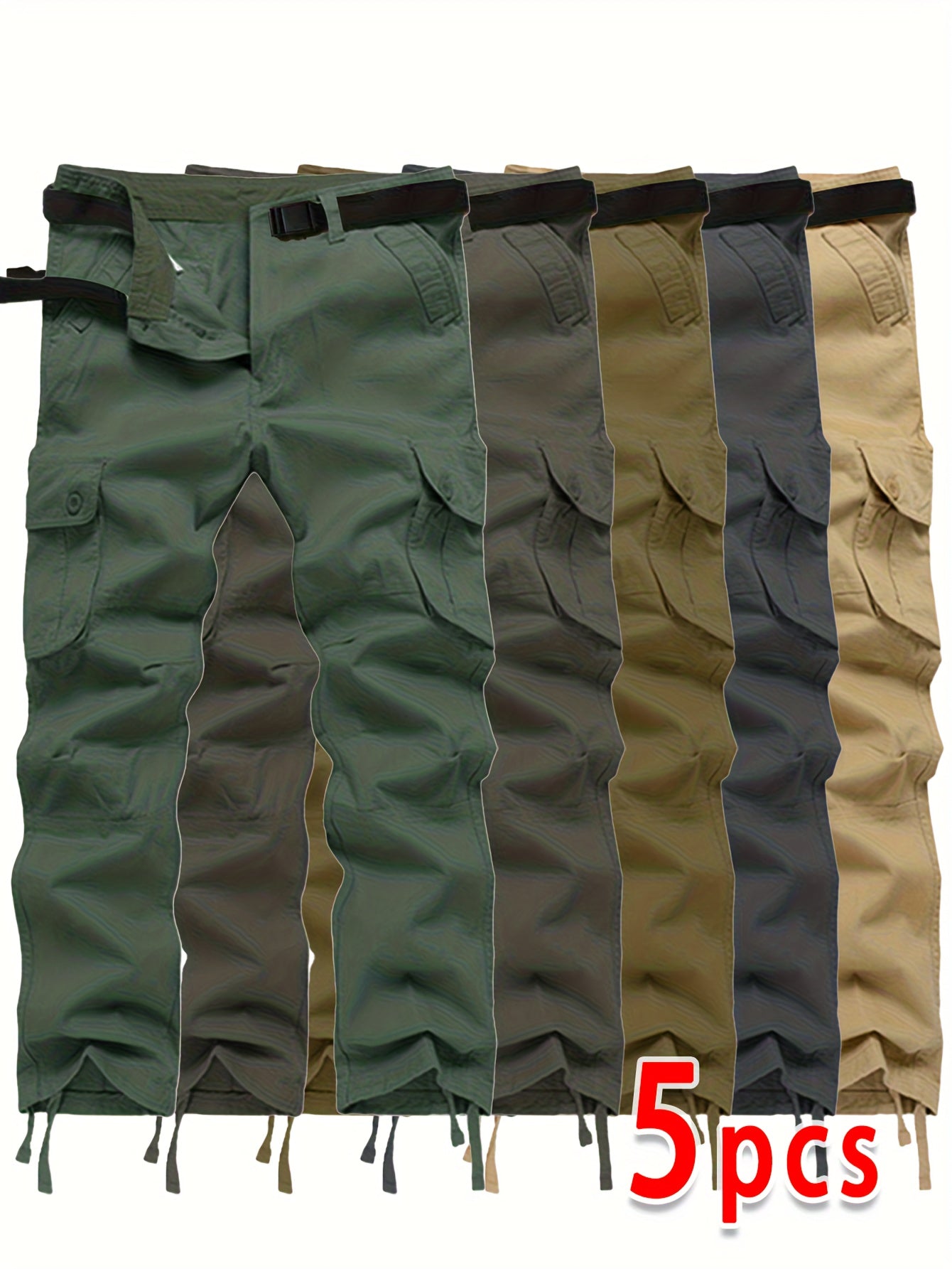 Five-Pack Men's Cargo Pants for Spring\Autumn, Multi-Pocket Solid Color Casual Straight-Leg Sports Outdoor Hiking Pants with Large Capacity Pockets, Loose Work Pants
